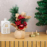 Hectarul - Decoratiune de Craciun 23 cm – Ramura de pin cu bobite si glob rosu, suport sac de iuta - MagicHome